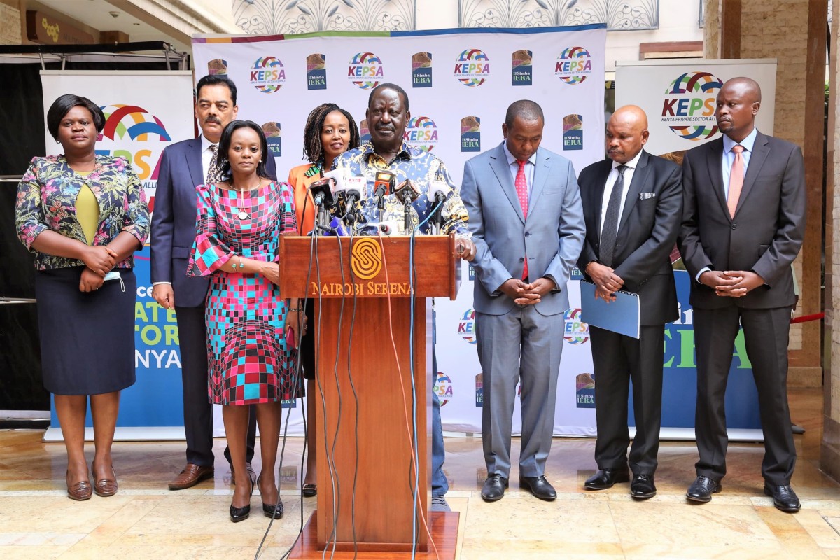 Rt. Hon. Raila Odinga, the Presidential aspirant for the Azimio La Umoja Movement, addresses the media on March 2, 2022 following a meeting with KEPSA who presented the Private Sector Manifesto to the Azimio team in the first series of engagements with presidential candidates in the run up to this year’s general elections