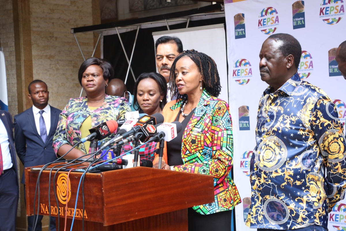 Flora Mutahi, KEPSA Chairperson addressing the media on March 2, 2022. KEPSA presented the Private Sector Manifesto to Rt. Hon. Raila Odinga, the Presidential aspirant for the Azimio La Umoja Movement which focuses on five thematic areas including spurring of jobs and inclusive wealth creation and enhancing value chains in productive sectors with stronger linkages to MSMEs.