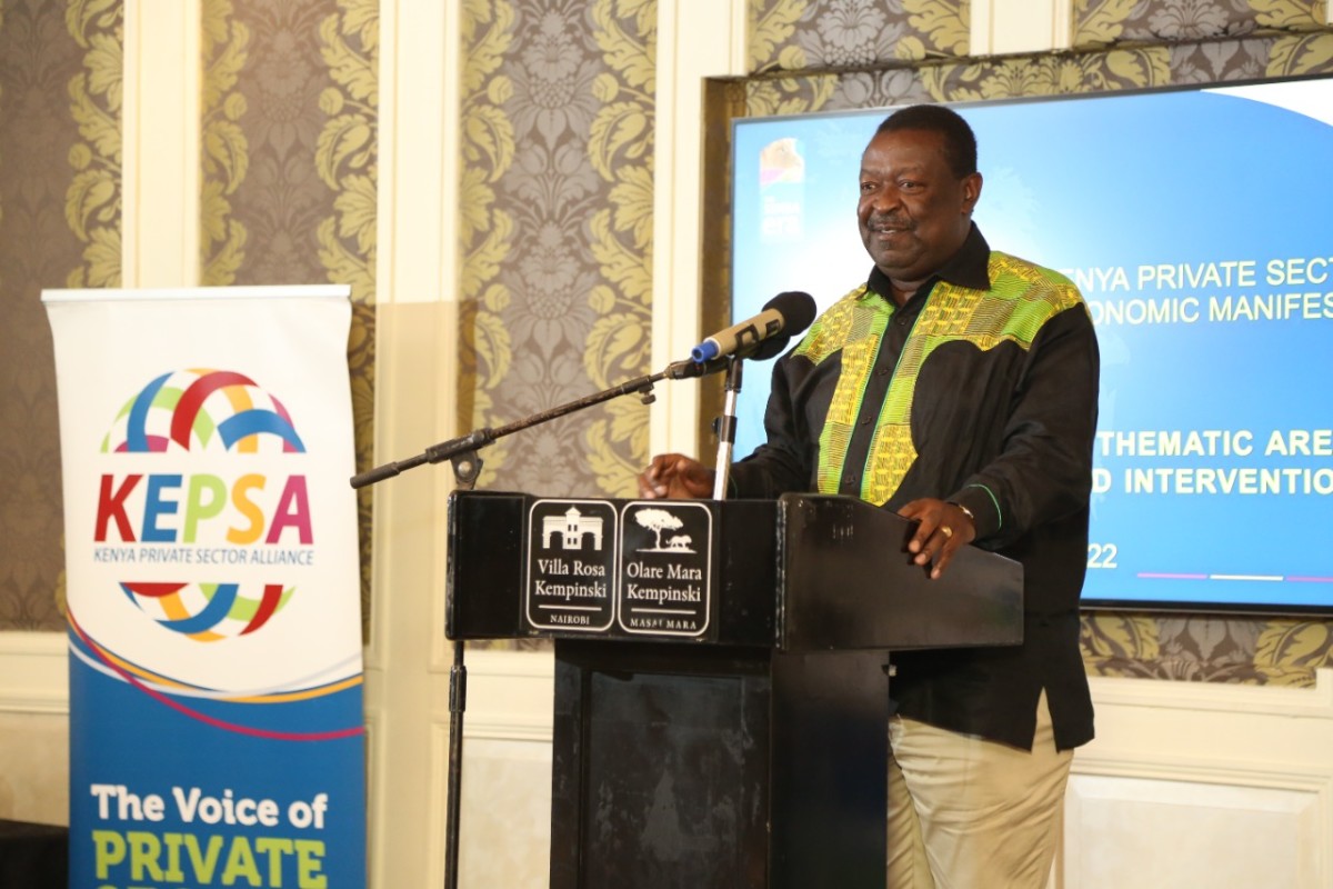 Amani National Congress party leader Musalia Mudavadi speaking during the private sector engagement forum convened by the Kenya Private Sector Alliance (KEPSA) where he said Kenya Kwanzaâs proposed economic model is not bottom vs up but bottom-up adding that Kenya Kwanza would seek out Private sector views on how to revitalize the cooperatives sector to spur productivity and a savings culture in the country.