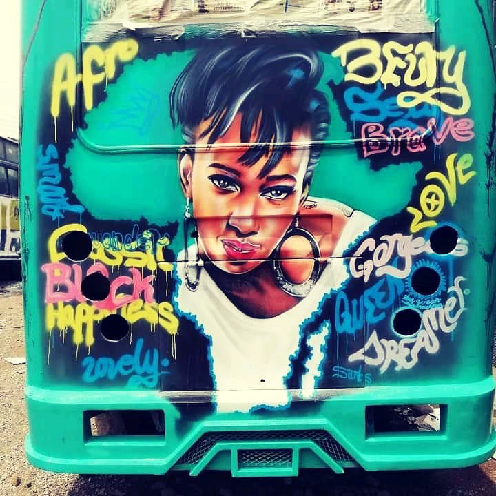 Wangechi was happy to have finally seen her mural on a plighting matatu. Photo credit: Facebook/Wangechi