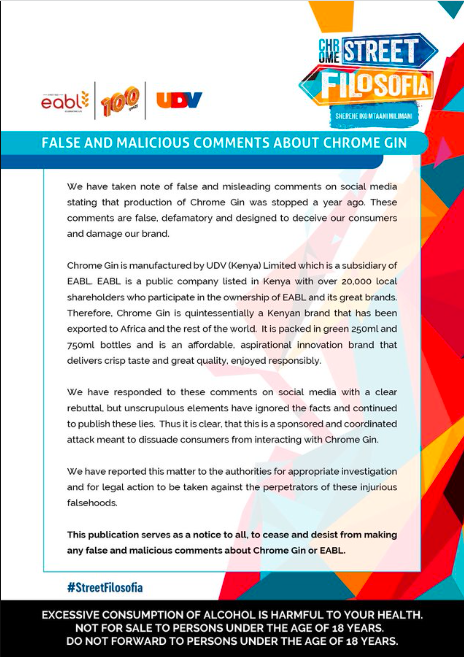 EABL statement on the false and malicious comments about Chrome Gin