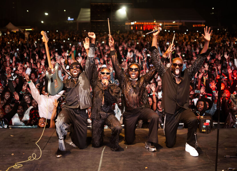 Sauti Sol doing their signature salutation at SolFest 2022 at KICC, Nairobi. Photo credit;-Sauti Sol