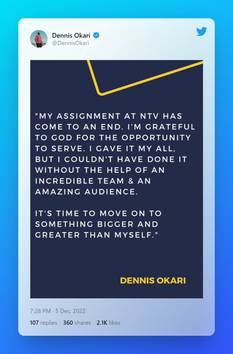 Tweet by Dennis Okari