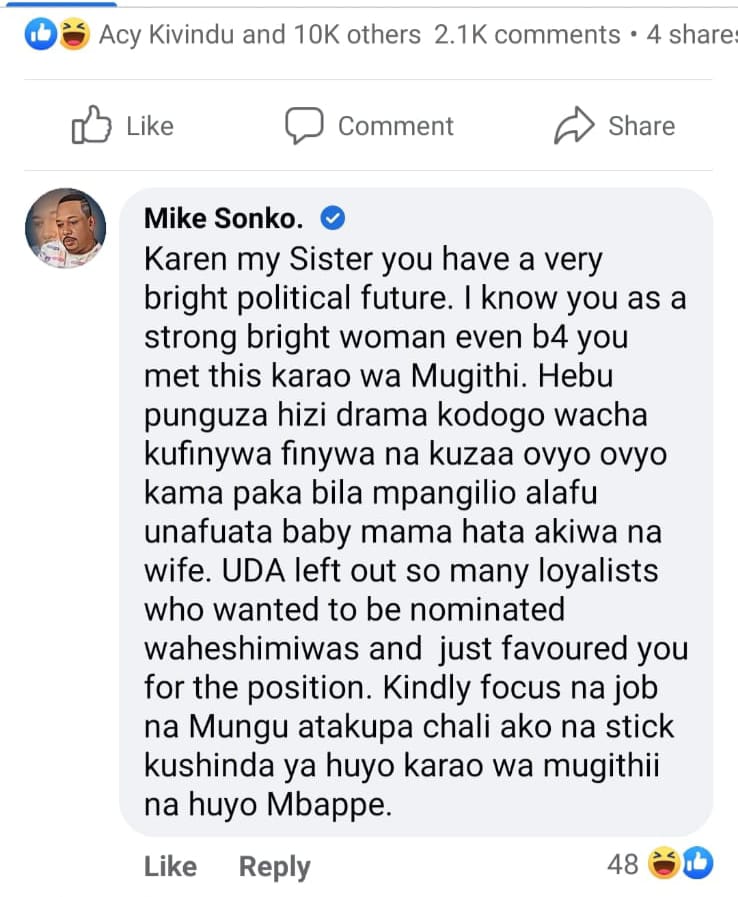 Mike Sonko comments, after Karen said she wants some Kylian Mbappe loving.
