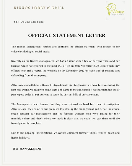 Rixxos Lounge statement