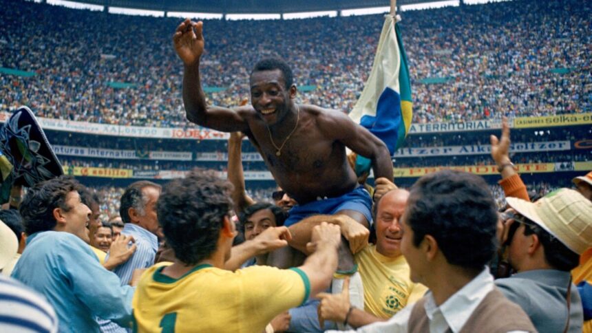 Pele celebrates after winning the 1970 World Cup in Mexico after beating Italy 4-1