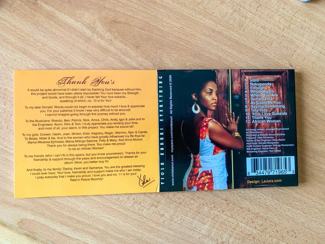 Viola Karuri showing her physical copy of her debut studio album dubbed 'Everything' which was officially dropped in 2008. She says this album opened doors for him not only in Kenya but across the East African region, especially Tanzania. Photo credit: Instagram/violakaruri
