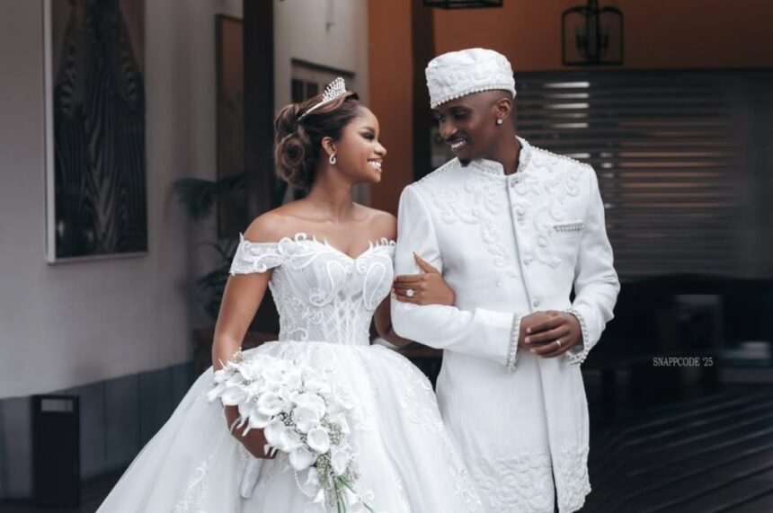 Juma Jux and his bride Priscilla Ojo during their white wedding PHOTO/Instagram/@its.priscy
