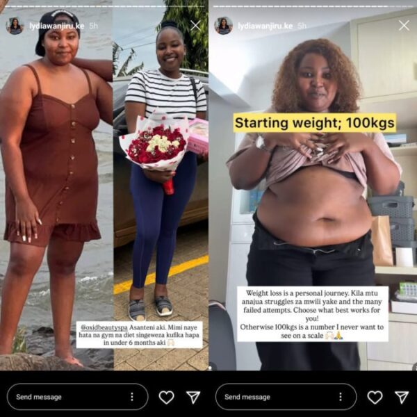 Photo collage of Lydia Wanjiru's weight loss journey. PHOTO/Instagram/@lydiawanjiru_ke
