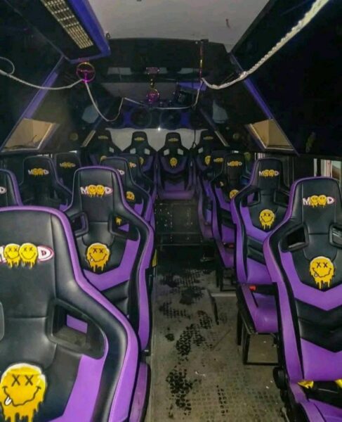 "The interior of George Ruto’s matatu before final decorations were applied. PHOTO/X/@Nganya_Reviews
