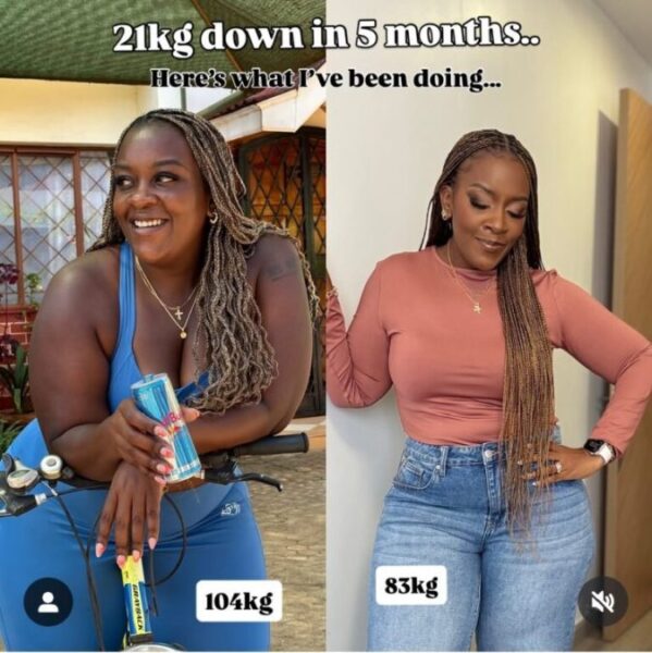 Before and after pictures showing Murugi Munyi's weight loss. PHOTO/Instagram/@murugi.munyi