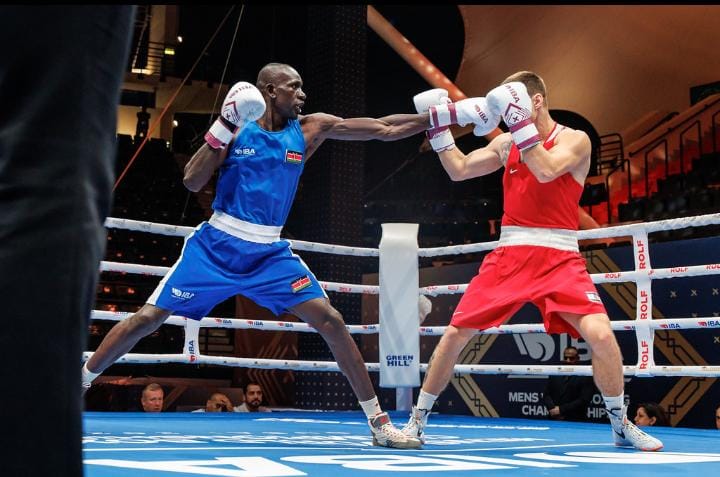 A scene from the fight between Edwin Okong’o and Miroslav Kapuler Ishchenko in Dubai. PHOTO/IBA