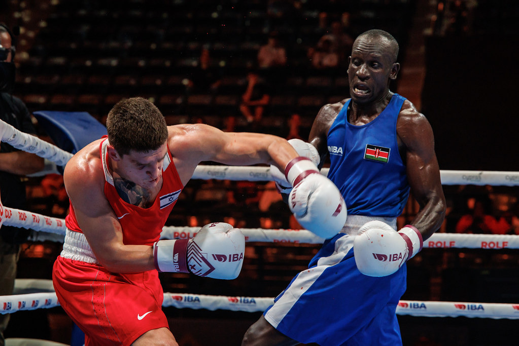 Edwin Okong’o takes on Miroslav Kapuler Ishchenko in their World Championships bout in Dubai. PHOTO/IBA