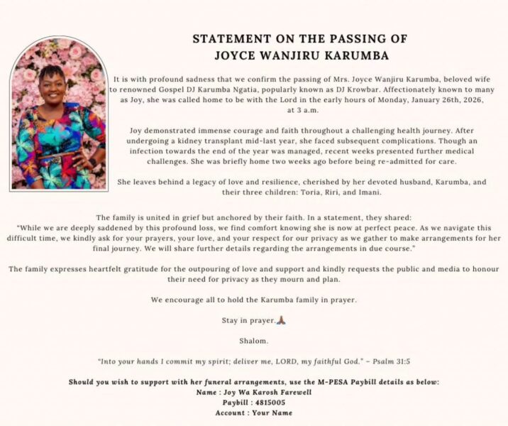 A statement by DJ Krowbar announcing the death of his wife. PHOTO/Instagram/@djkrowbar